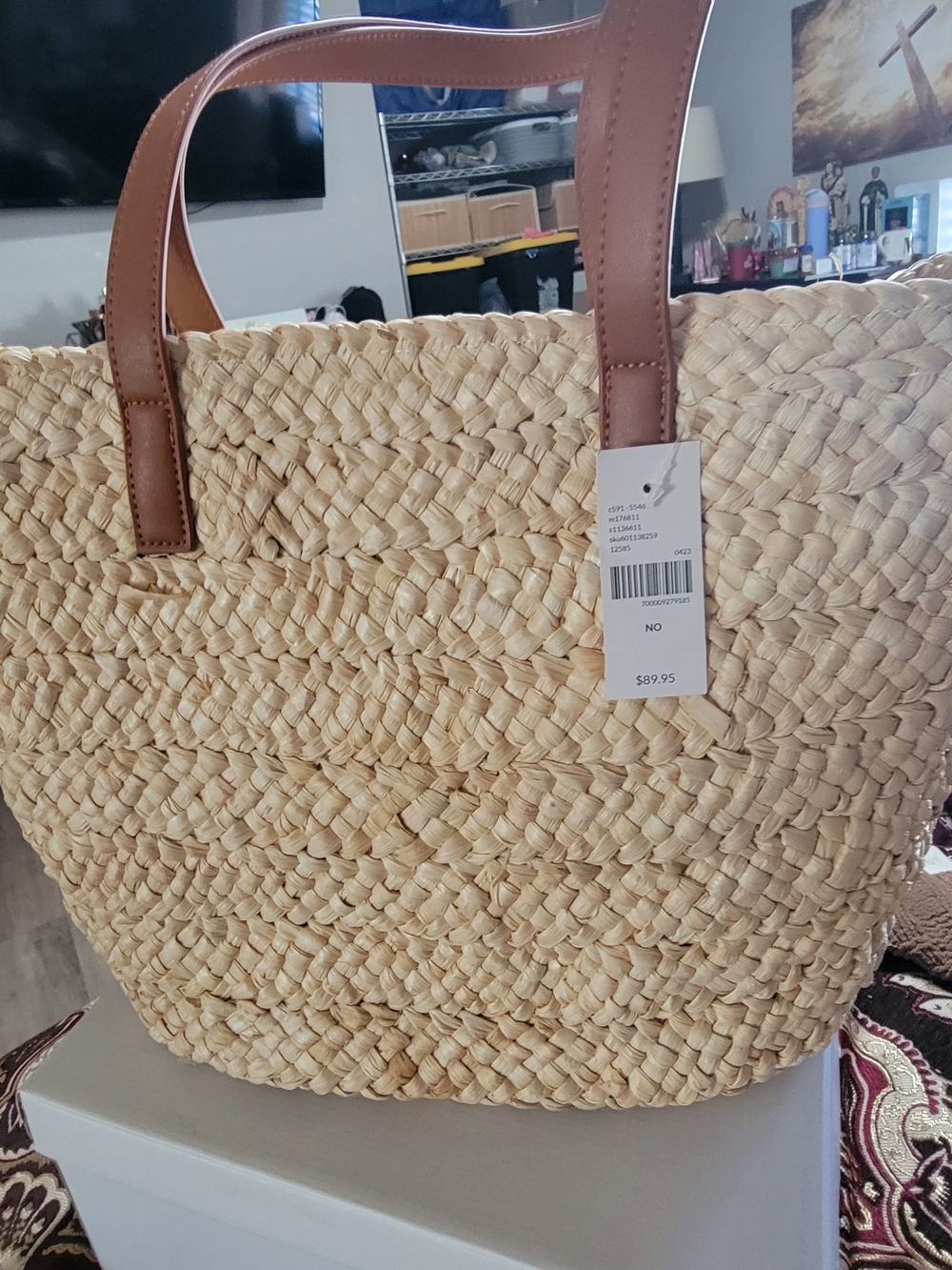 Natural Woven Straw Tote with Brown Handles